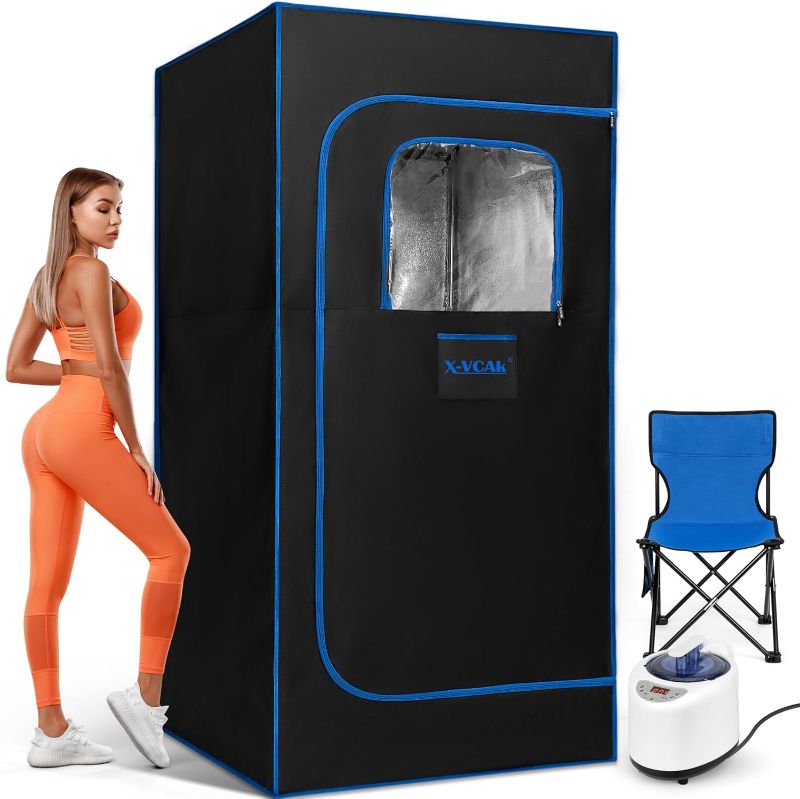 Photo 1 of X-Vcak Portable Steam Sauna, Portable Sauna for Home, Sauna Tent Sauna Box with 2.6L Steamer, Remote Control, Folding Chair, 9 Levels, Black with Blue, 2.6’ x 2.6‘ x 5.9‘
