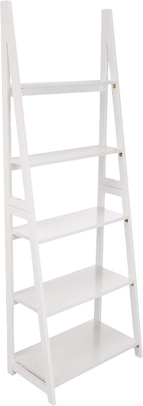 Photo 1 of Amazon Basics Modern 5-Tier Ladder Bookshelf Organizer, Solid Rubberwood Frame - Walnut Finish