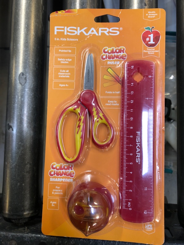 Photo 1 of Fiskars Color Change Kids 3pc Set - 5" Pointed Scissors, Red Color Change Ruler, Red Color Change Sharpene--- A WHOLE BOX OF SCISSOR PAKS VIEW PICTURES ---THERE IS NO RETURNS ON THIS ITEM 