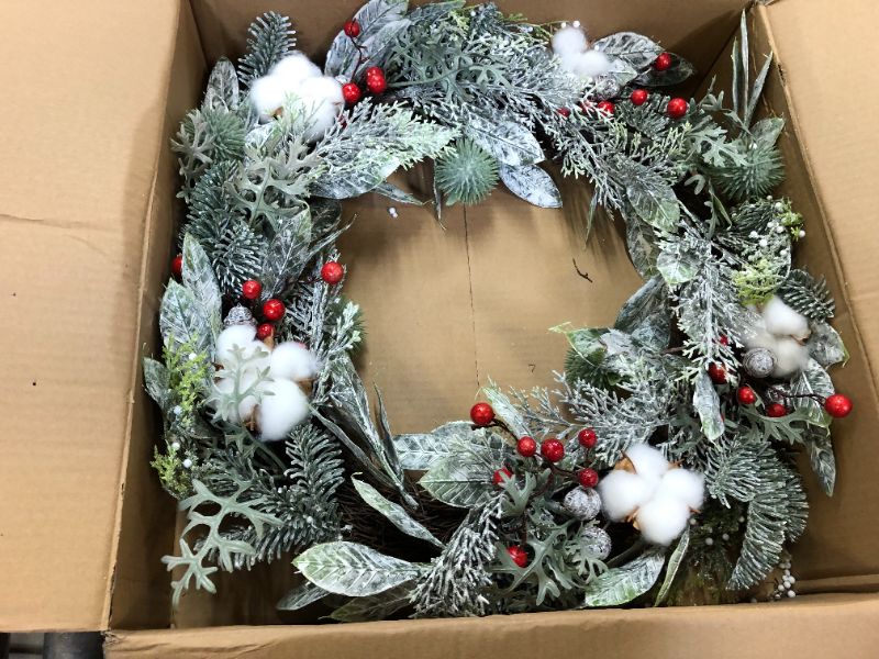 Photo 2 of 24 Inch Christmas Wreath for Front Door, Artificial Greenery Wreath with Cotton, Berries and Frosted Leaves, Outdoor Winter Wreath Window Wall Fireplace Xmas Décor
