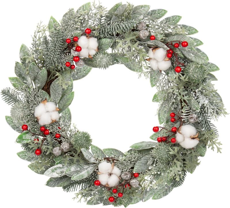 Photo 1 of 24 Inch Christmas Wreath for Front Door, Artificial Greenery Wreath with Cotton, Berries and Frosted Leaves, Outdoor Winter Wreath Window Wall Fireplace Xmas Décor
