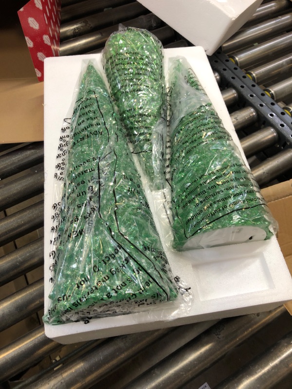 Photo 3 of 3pc Acrylic Green Glitter Cone Tree Set (14”H /17”H /21”H) - LED Lightsup Christmas Tree, Battery Operated