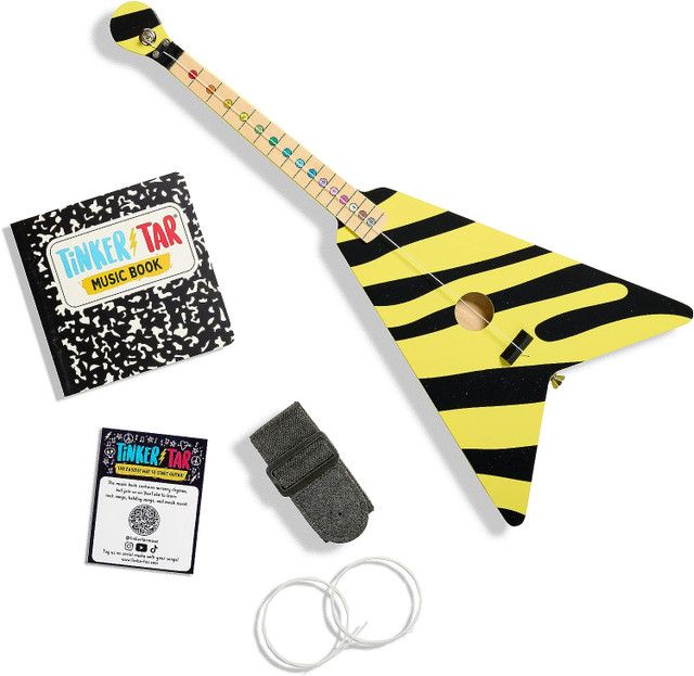 Photo 1 of Tinkertar - Yellow Zebra Flying V Guitar - 1 Stringed Guitar for Kids: Intro to Music
