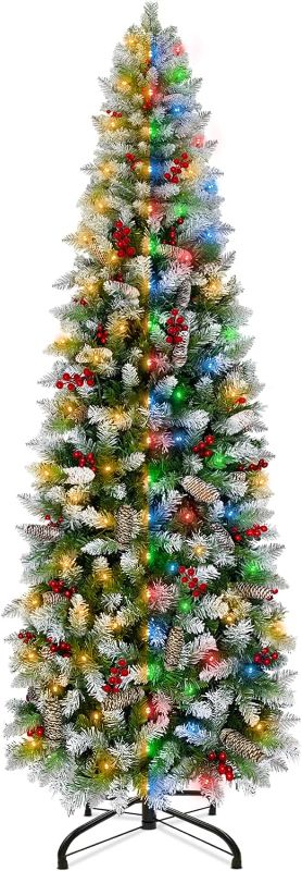 Photo 1 of 7Ft Flocked Pencil Christmas Tree with Dual Color Lights, 1000 Tips, 67 Pinecones, 469 Berries, 8 Modes, UL Plug
