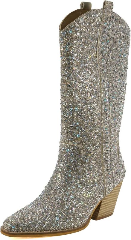 Photo 1 of +












COZZY GIRL Alice 12 Inches Women's Knee High Rhinestone Sparkling Crystal Stacked Heel Western Boots


