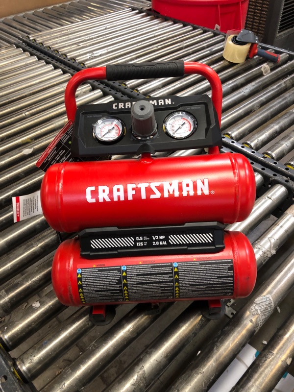 Photo 3 of CRAFTSMAN Air Compressor, 2 Gallon Portable Air Compressor, Twin Tank, 1/3 HP Oil-Free Max 125 PSI Pressure, Model: CMXECXA0220242, Red