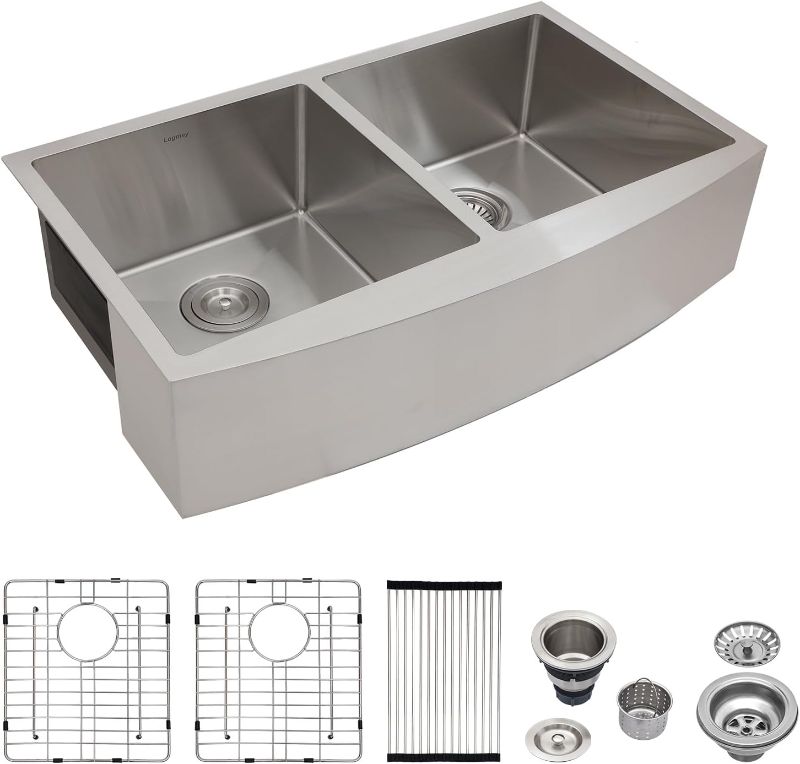 Photo 1 of 36 Farmhouse Double Sink - Logmey Stainless Steel Kitchen Sink 18 Gauge Apron Front Kitchen Sink 50/50 Double Bowl Kitchen Farm Sink 36x20x9-55 Stainless Steel-Farmhouse