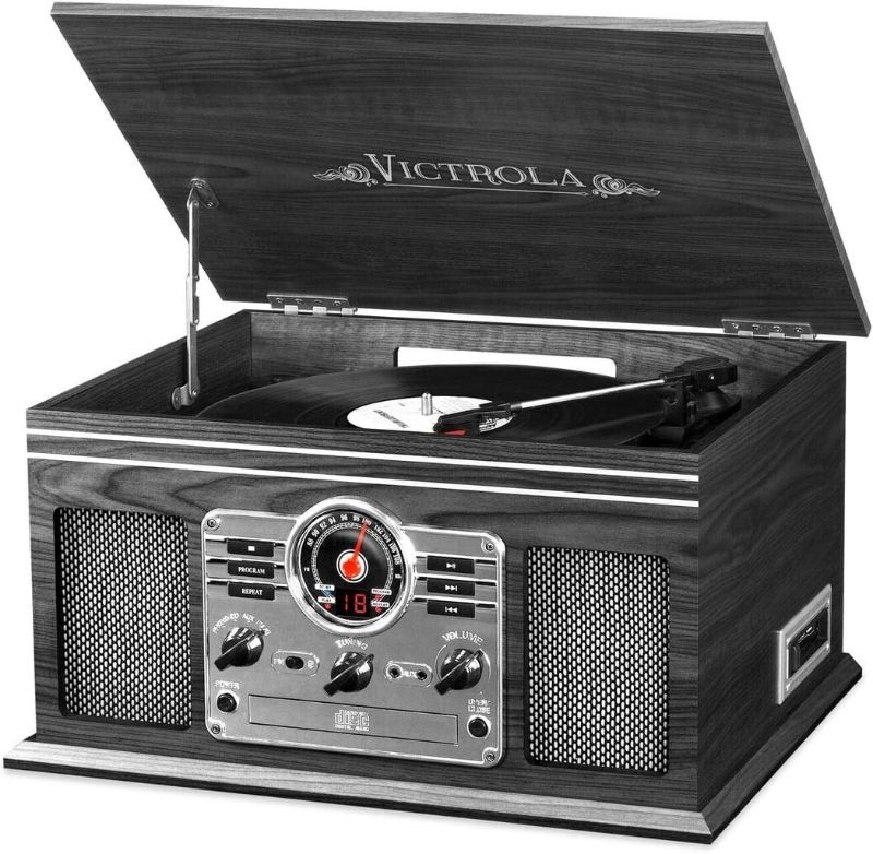 Photo 2 of Victrola Nostalgic 6-in-1 Bluetooth Record Player & Multimedia Center with Built-in Speakers - 3-Speed Turntable, CD & Cassette Player, AM/FM Radio | Wireless Music Streaming | Grey | wood
