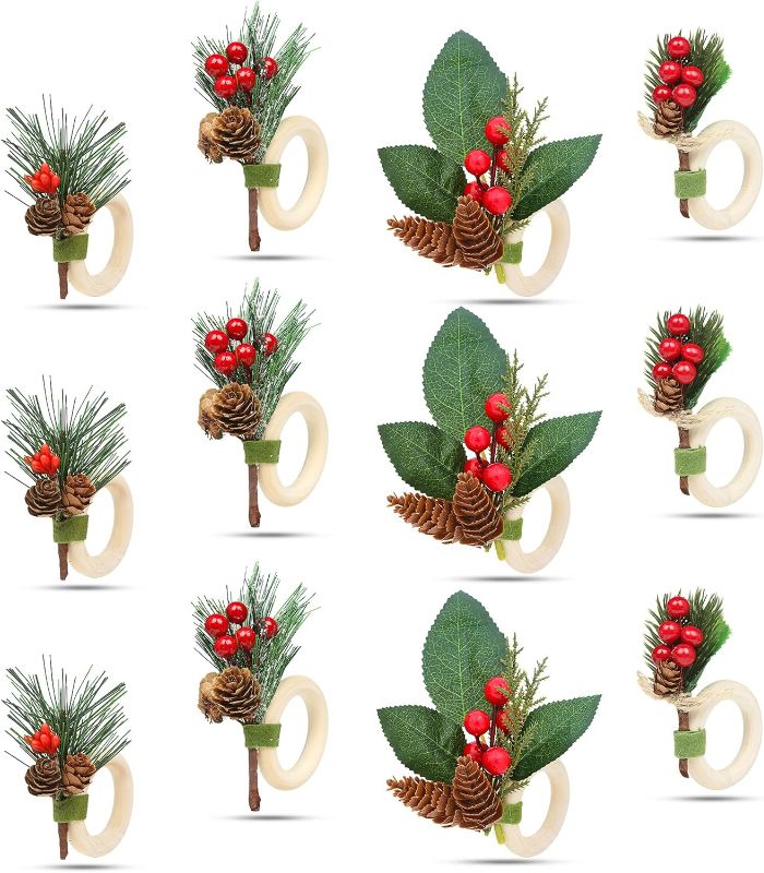 Photo 1 of KPOSIYA Christmas Napkins Rings Set of 18 Pine Cone Napkin Rings with Berries Serviette Buckles Napkin Holder for Christmas Dinning Table Setting, Holiday Party Dinner
