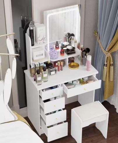 Photo 1 of 5-Drawers White Makeup Vanity Sets Dressing Table Sets With Stool, Mirror, LED Light and 3-Tier Storage Shelves
