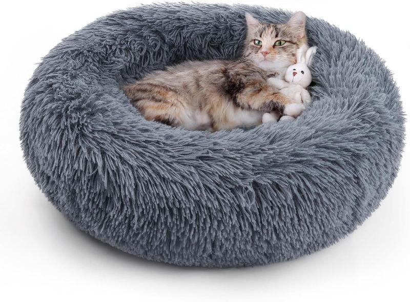 Photo 1 of Machine Washable, Fluffy Round Pet Bed Non-Slip, Calming Soft Plush Donut Cuddler Cushion Self Warming for Small Dogs Kittens, Dark Grey, Medium