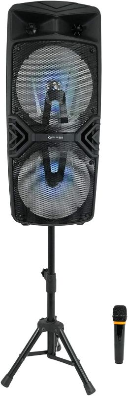 Photo 1 of Rechargeable Bluetooth Stage Double 8" Speaker Package with Tripods and Wireless Microphone

