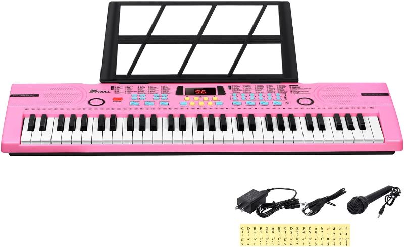 Photo 1 of 24HOCL 61 Keys Keyboard Piano Lighted Keys for Kids Teens Beginners Birthday Best Gift, Electronic Portable Digital Music Piano Keyboard with Mic, Music Stand, Powered by UL Adapter/Battery