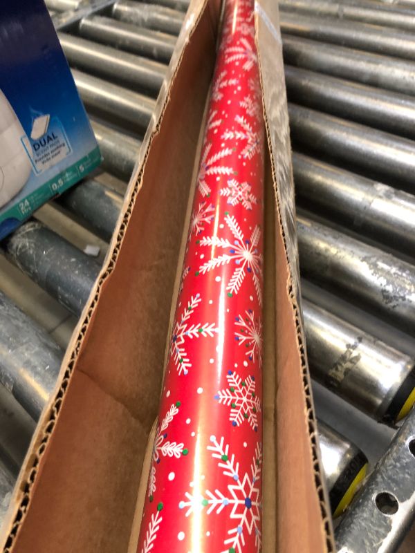 Photo 2 of American Greetings 175 sq. ft. Red Christmas Wrapping Paper, Candy Cane Stripes and Snowflakes (1 Jumbo Roll 30 in. X 70 ft.) Reversible Red and White Design