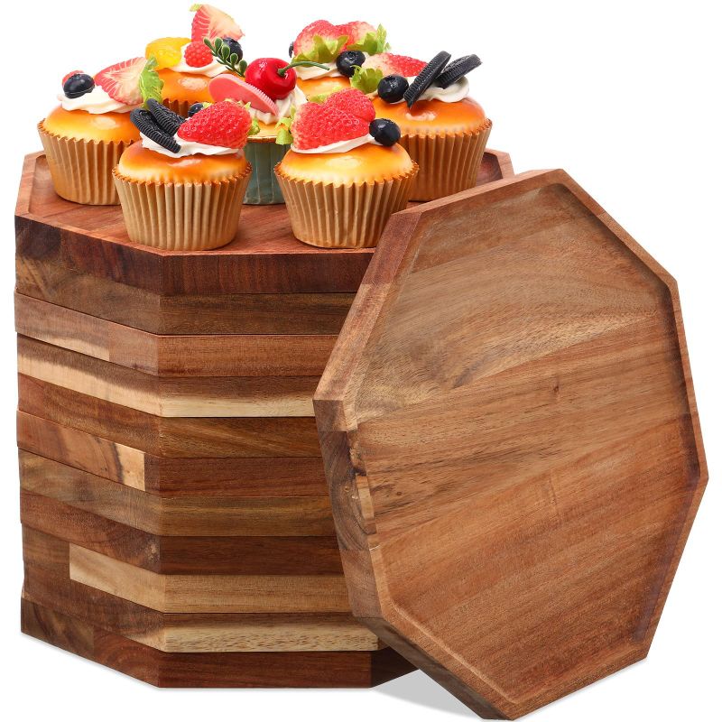 Photo 1 of 2 Pcs Acacia Wooden Serving Trays Wood Platter Charcuterie Cheese Boards Food Dinner Plates for Dessert Fruit Bread Appetizer Vegetable Home (Regular Octagon)