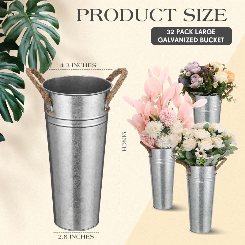 Photo 2 of 2Pack 9 Inch Galvanized Metal Vases Bulk Farmhouse Flower Vases Vintage French Floral Bucket with Handles Rustic Tall Metal Planter Buckets for Wedding Table Centerpiece Decorations DIY Craft