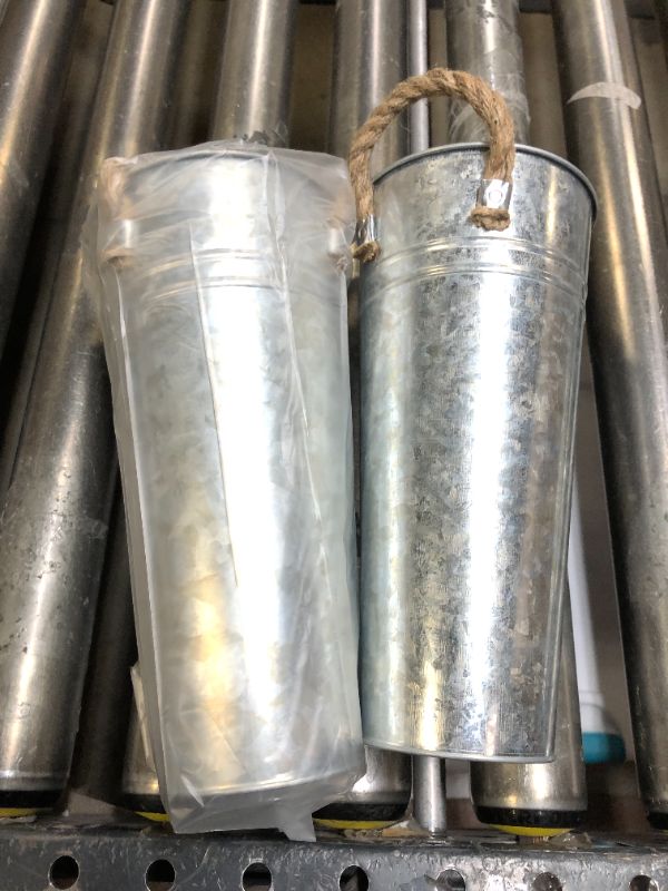 Photo 2 of 2Pack 9 Inch Galvanized Metal Vases Bulk Farmhouse Flower Vases Vintage French Floral Bucket with Handles Rustic Tall Metal Planter Buckets for Wedding Table Centerpiece Decorations DIY Craft