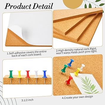 Photo 1 of 7 Pcs Cork Board Tiles 12 x 12 in 1/2 in Thick Square Bulletin Boards Cork Tiles Bulk with Push Pins Mini Natural Self Adhesive Backing Corkboards Tiles for Wall Home Office School Floor DIY