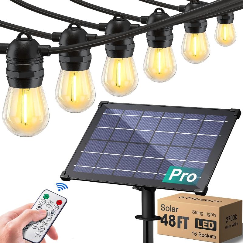 Photo 1 of Stright Solar Powered String Light 48FT with Remote Control 8 Light Modes, Weatherproof Shatterproof LED Bulb Outdoor Strand Patio Light for Backyard Porch Cafe, Large Solar Panel