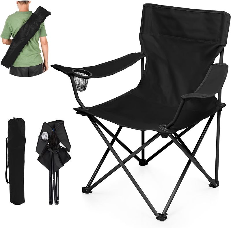 Photo 1 of IZA Folding Camping Chairs with Cup Holder and Carry Bag Heavy Duty Portable Chair for Adults Lightweight Beach Chair Supports up to 300Lbs Lawn Chairs & Compact Backpacking Chair for Outdoor (Black)
