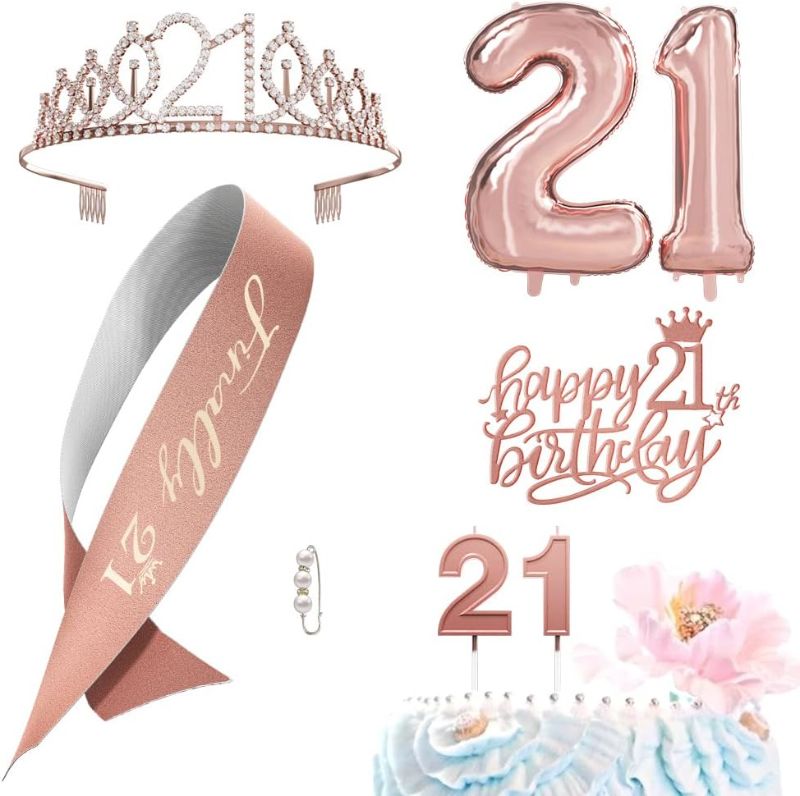 Photo 1 of 21st Birthday Gifts Decorations for Her - Birthday Cake Topper, Balloons, Birthday Queen Sash with Pearl Pin, Tiara Crown and Candle Set, Rose Gold, Rose Gold (21th)
