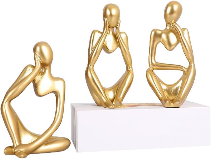 Photo 1 of 3 Pcs Large Gold Thinker Statue Sculpture Home Decor, Resin Abstract Art Golden Figurines, Aesthetic Boho Tiny Accents for Modern Living Room Office Book Shelf Coffee Center Table Decoration

