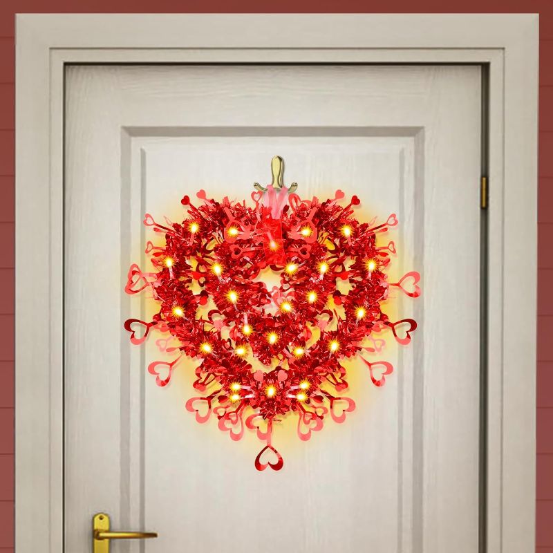 Photo 1 of LED Valentines Wreath, Red Heart Wreath with Warm Lights, Tinsel Wreath Decoration for Front DoorValentine's Day, Wedding, Engagement and Anniversary