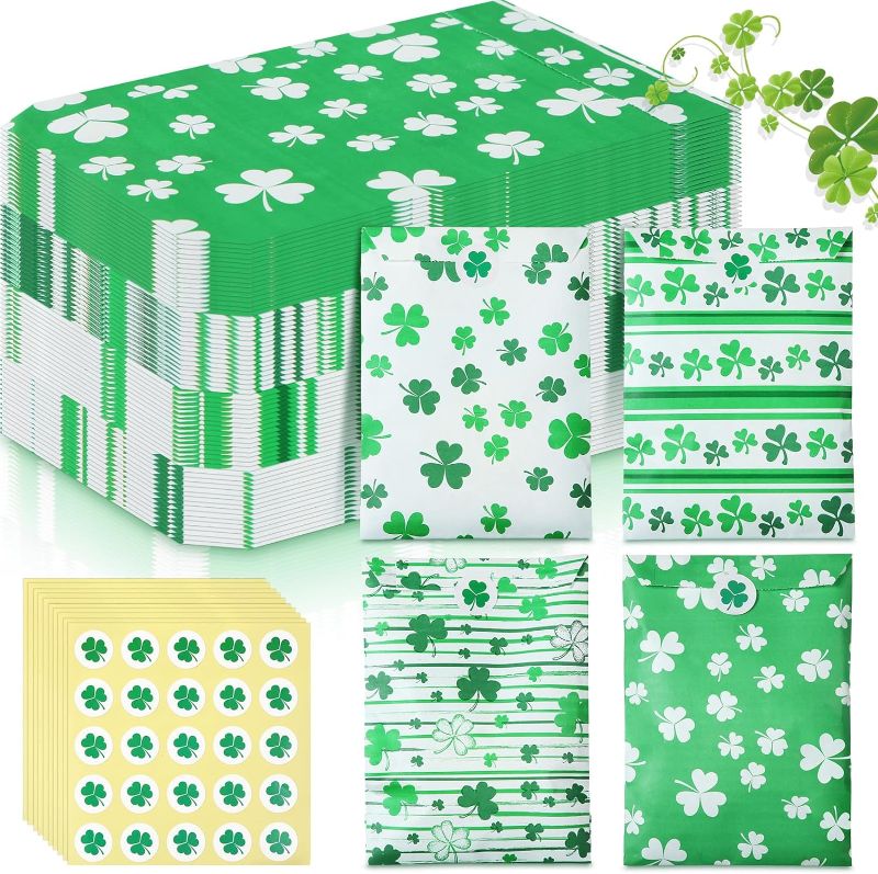 Photo 1 of 200 Pack St. Patrick's Day Treat Bags with Sticker Green Shamrock Gift Paper Bags Clover Prints Paper Gift Bags Party Goodies Snack Cookie for Irish Holiday Party Favor Supplies, 4 Designs