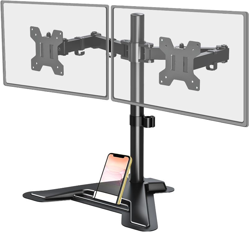 Photo 1 of MOUNT PRO Dual Monitor Stand for 2 Screens up to 27 Inch, Freestanding Monitor Mount Holds Max 17.6 lbs, Adjustable Monitor Desk Mount with Tempered Glass Base & Storage Shelf VESA 75x75mm/100x100mm https://a.co/d/2os91qJ