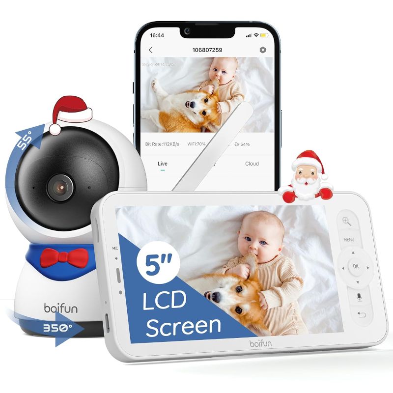 Photo 1 of 5" Smart Baby Monitor, 1080P WiFi Baby Camera Via Screen and App Control, Night Vision, 2-Way Talk, Cry& Motion Detection, Record & Playback, Lullabies, Free Phone App, Works with iOS, Android(Baby5S) 