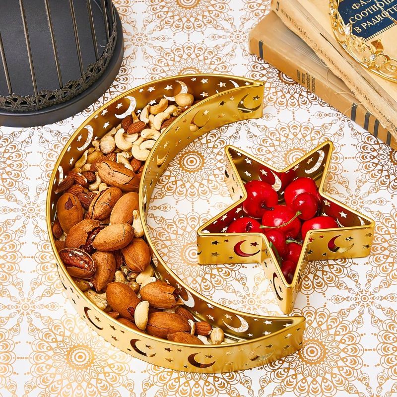 Photo 1 of 2 Set Eid Mubarak Moon Star Tray with LED Light 2 Sizes Eid Mubarak Dessert Tray Islam Muslim Party Food Pastry Serving Metal Tray Eid Mubarak Ramadan Plates for Ramadan Home Decorations