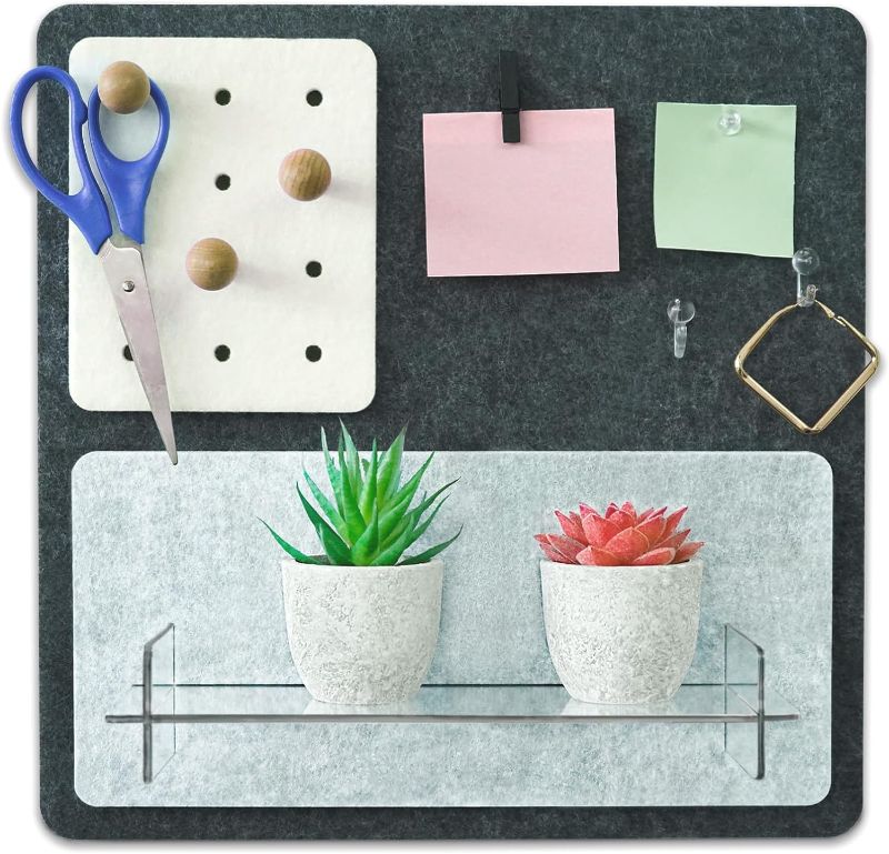 Photo 1 of Felt Board & Acrylic Shelves for Wall,13"x13" Pin Board with 20 Push Pins, Non-Adhesive Small Bulletin Board Notice Board Message Board Wall Decor Sign Board for Home Office Classroom
