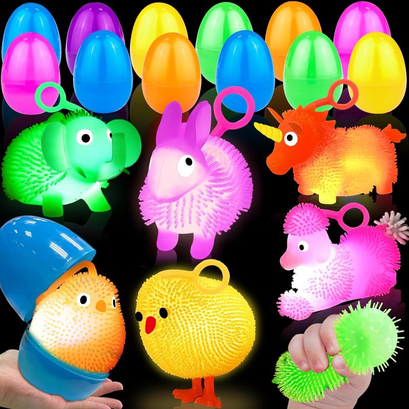 Photo 1 of AMENON 12 Pack Easter Toys for Kids, 3.4" Large Easter Eggs Filled Light Up Squeeze Balls Animals Toys, Glow in The Dark Sensory Stress Fidget Toys Toddlers Boys Girls Easter Basket Stuffers Eggs Hunt