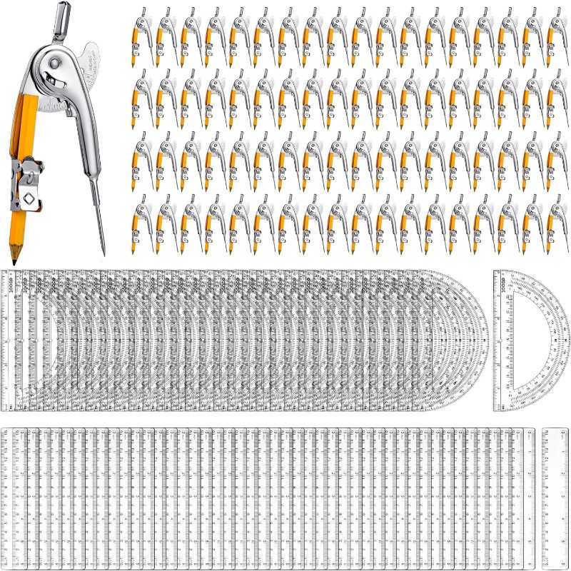 Photo 1 of 240 Pcs Student Geometry Math Set, Geometry Compass Protractor with Pencil and Straight Plastic Ruler Compass and Protractor for Student School Office Drafting Wood Working