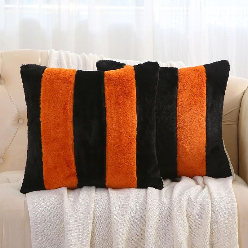 Photo 1 of Black and Orange Striped Throw Pillow Covers 20x20 Inch Set of 2,Fall Decorations for Home,Decorative Pillow Cases,Furry Faux Rabbit Fur/Soft Velvet,Modern Decor for Couch
