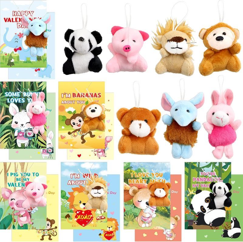 Photo 1 of Treasure Cove Valentines Day Gifts Cards for Kids with Animal Plush Toy 28 Pack Valentines Classroom Exchange Cards for Students School Party Favors
