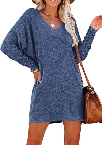 Photo 1 of Vrtige Women's Casual V Neck Long Sleeve Loose Fit Mini Short T-Shirt Dress - XL