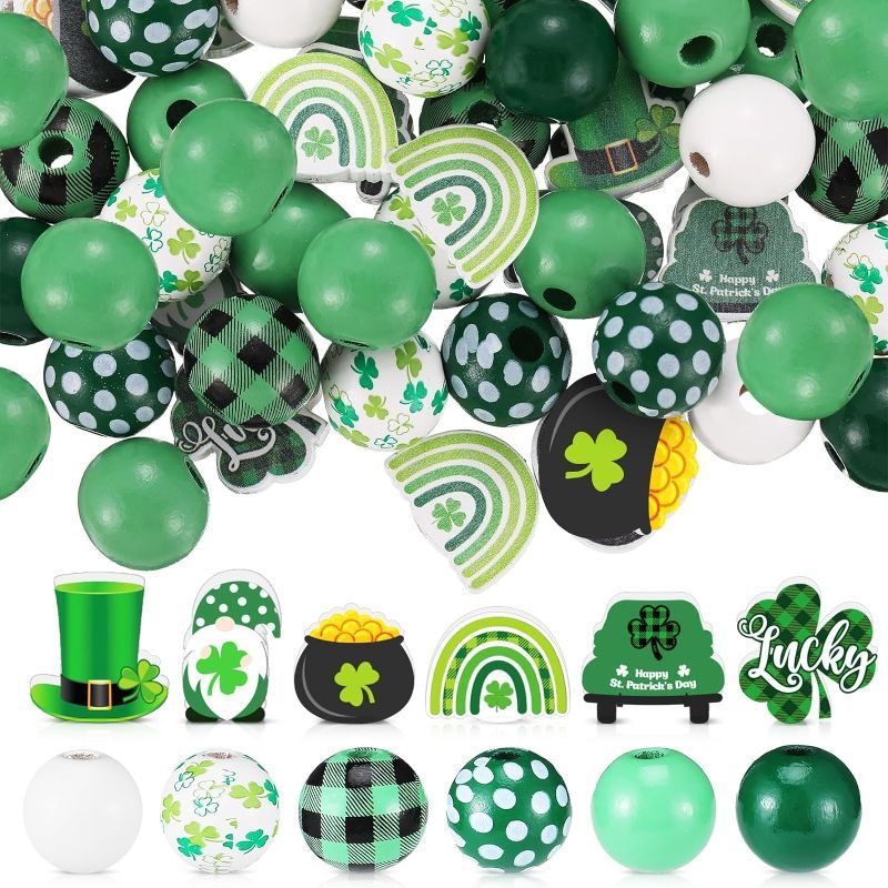 Photo 1 of 180 Pcs St. Patrick's Day Wood Beads with Box Green Wooden Beads Green Lucky Shamrock Spacer Beads Round and Flat Farmhouse Bead for Irish DIY Craft Home Decoration
