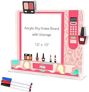 Photo 1 of SHOOFFICE Acrylic Dry Erase Board with Storage for Kids, 12" x 10" Small White Board for Desk, Pink to Do List Board, Chore Checklist Slider with 3 Markers and 2 Clips for Office Home School