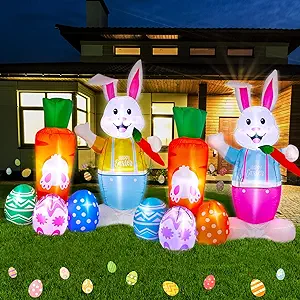Photo 1 of Bencailor Easter Inflatables Outdoor Decorations 2 Pcs Rabbit Easter Blow up Yard Decor Inflatable Bunny with Carrot and Eggs Set with Build in LED Lights for Easter Party Lawn Supplies 