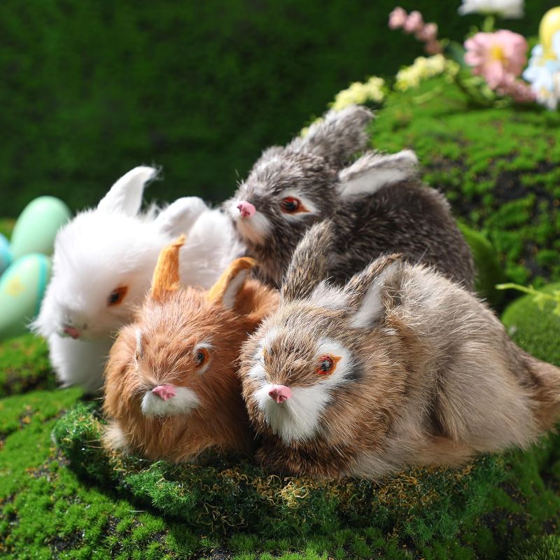 Photo 1 of 4 Pack Mini Easter Bunny Realistic Cute Plush Rabbits Fur Lifelike Animal Simulation Stuffed Toy Model Gift Boy Girl Kids Party Decor for Easter Birthday Home
