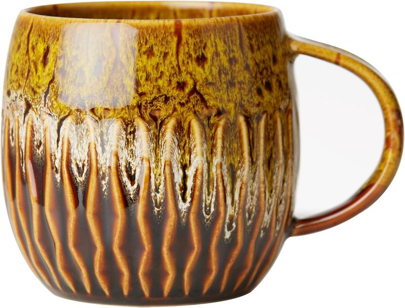 Photo 1 of 20 oz Big Coffee Mugs, Handmade Pottery Coffee Mug with Unique and Artistic Design, Extra Large Ceramic Tea Cup with Handle, Pretty Color Patterns and Microwave Dishwasher Safe (Yellow)
