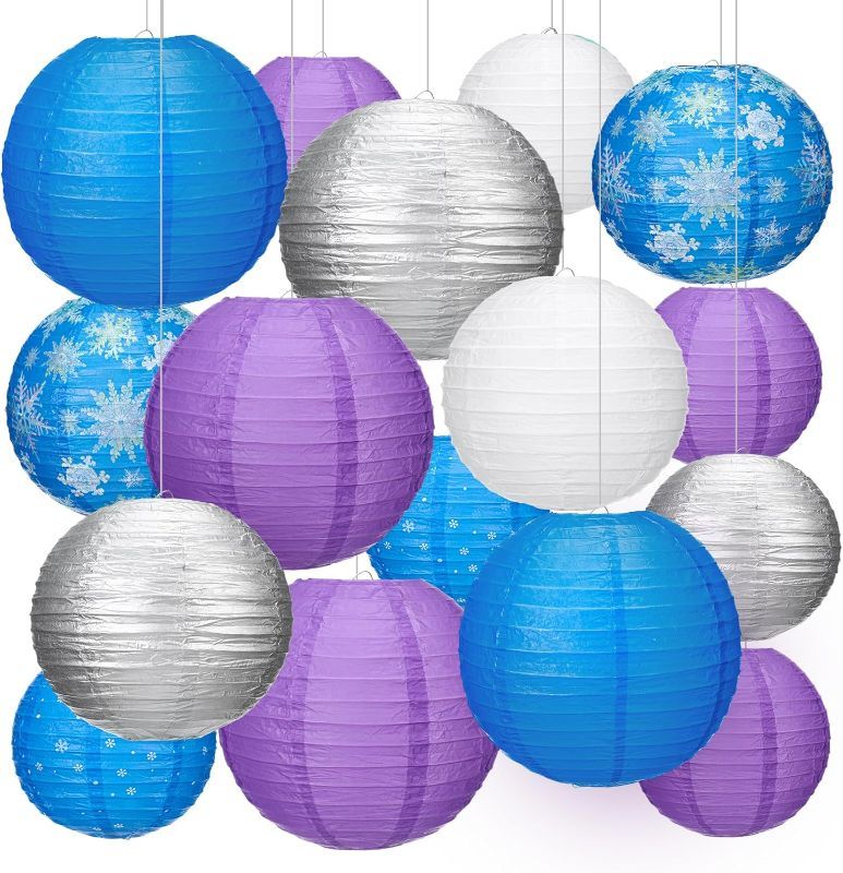 Photo 1 of 16 Pcs Winter Hanging Paper Lanterns Snowflake Paper Lanterns Snowflake Party Decoration Round White Blue Purple Chinese Paper Lantern Ceiling Decorations for Birthday Baby Shower Party Supplies Decor
