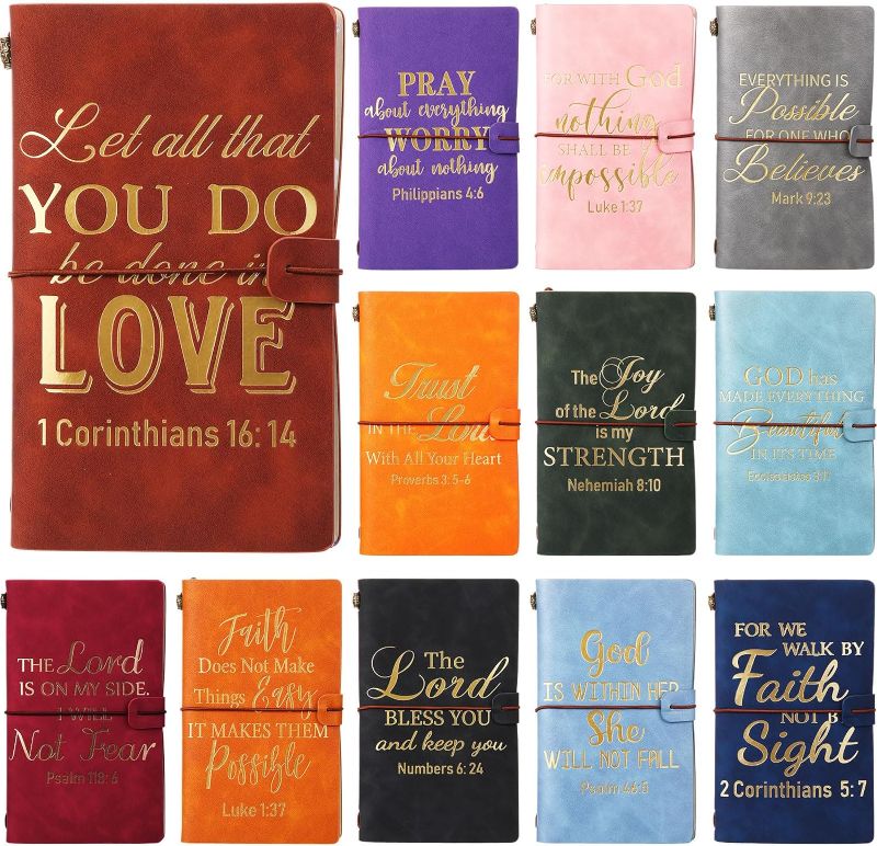 Photo 1 of 12 Pcs Christian Religious Bible Verse Leather Journal Notebooks Bulk Vintage PU Leather Travel Journals Coworkers Gifts Inspirational Prayer Gifts for Women Men Church Supplies Church Favors
