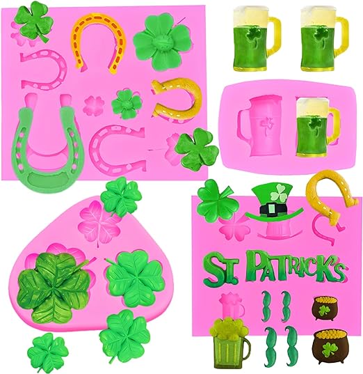 Photo 1 of 4Pcs St Patrick's Day Fondant Molds Shamrocks Silicone Mold Irish Hat Beer Mug Horseshoe Clover Fondant Mold for Chocolate, Jelly, Cake Decorations