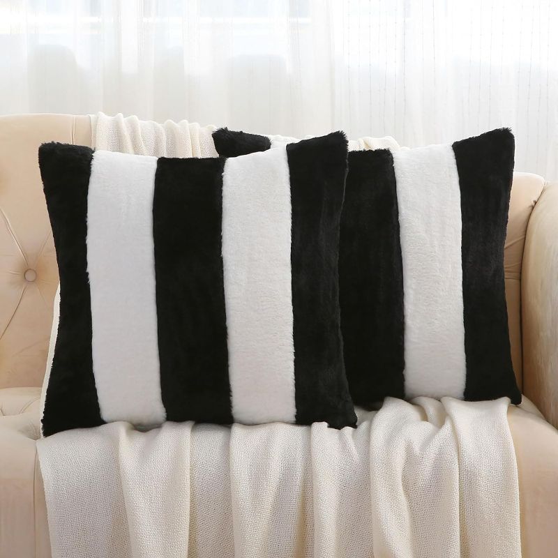 Photo 1 of Black and White Striped Decorative Throw Pillow Covers 24x24 Inch Set of 2,Fall Decorations for Home,Euro Pillow Cases,Furry Faux Rabbit Fur/Soft Velvet,Modern Decor for Couch
