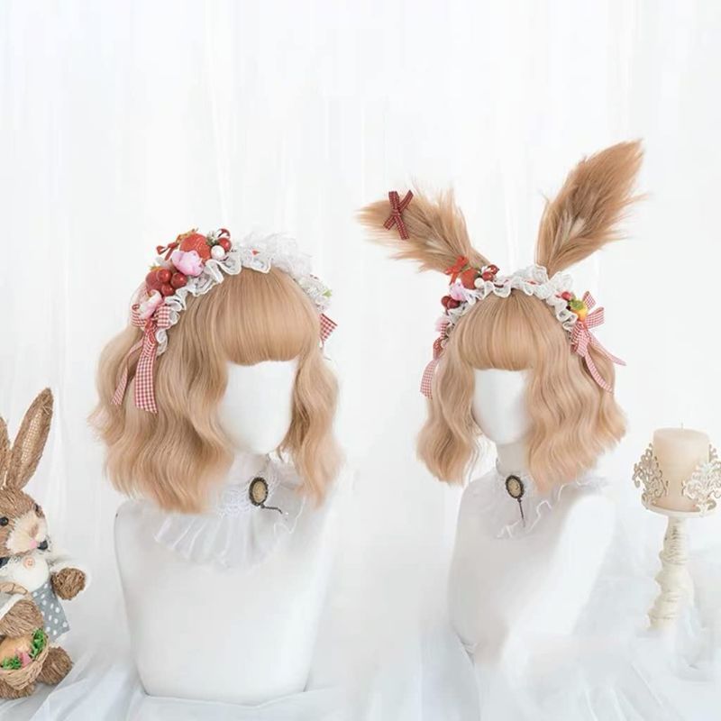 Photo 1 of Darlicos Light Brown Short Wigs 28cm Loose Wave Wigs with Ears Headband Japanese Style Heat Resistant Synthetic Hair (rui/20220303-5)