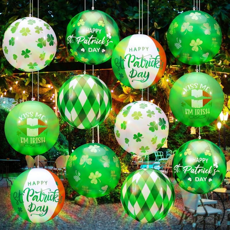 Photo 1 of 12 Pcs St. Patrick's Day Inflatable Balls Light Up St. Patrick's Day Inflatable Outdoor Decorations PVC Shamrock Irish Blow up Inflatable Balls with LED Light for Yard Lawn, 12 Inch(Classic)