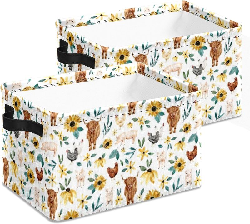 Photo 1 of 2 PCS Boho Floral Highland Cow Pig Storage Bins Oxford Fabric Storage Basket for Shelves for Organizing Closet Shelf Nursery Toy with Handles 10 x 14 x 8 inches