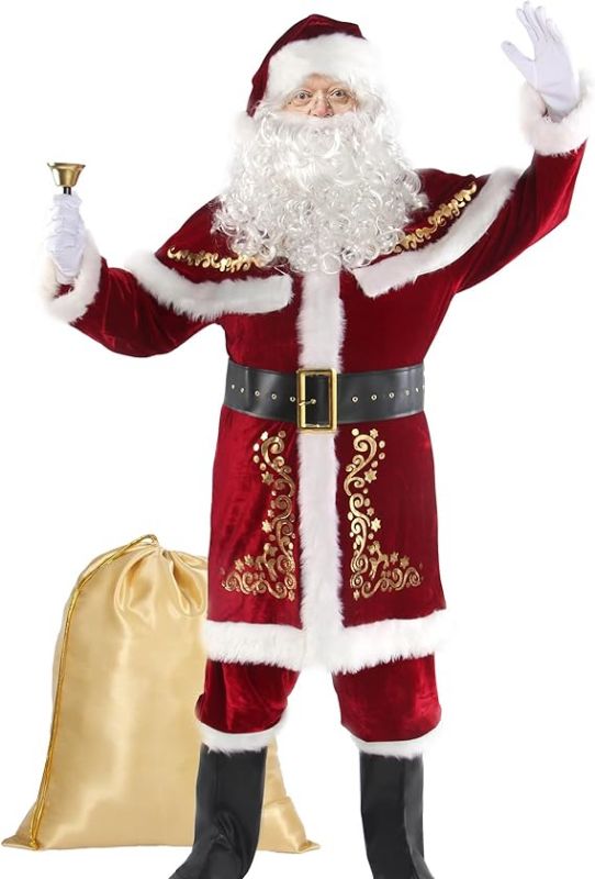 Photo 1 of Adult Deluxe Velvet Santa Claus Costume 12pcs Set Santa Claus Suit Outfit for Men in Christmas Holiday SIZE XL
